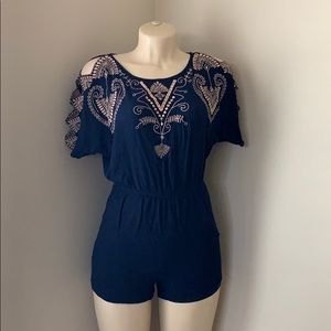 Navy Shorts Romper w/ Embroidered Design